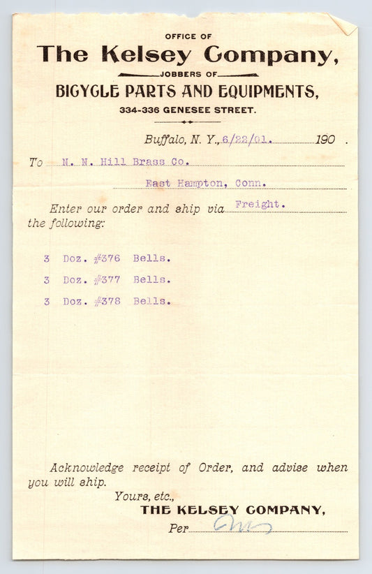 Kelsey Company Buffalo New York 1901 bicycle business letterhead ornate typography paper document 8.5 x 5.5