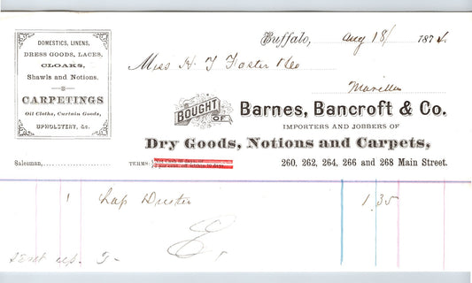 Buffalo New York 1874 Barnes Bancroft Company Dry Goods Billhead 8.5 x 4.5