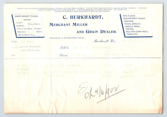 Burkhardt Wisconsin 1900 C Burkhardt Merchant Miller Grain Billhead 8 x 6