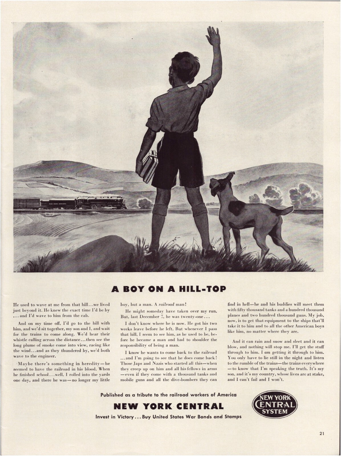 New York Central Lines 1942 print advertisement showing boy waving toward passing train with dog on hill wartime railroad tribute illustration