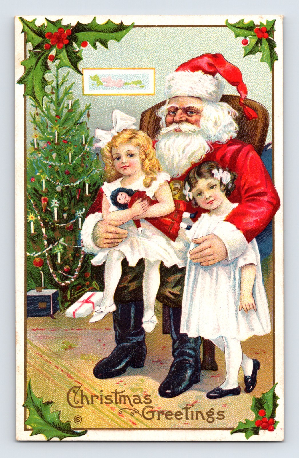 Embossed Christmas postcard showing Santa Claus seated with two young girls beside a decorated Christmas tree with holly border corners.