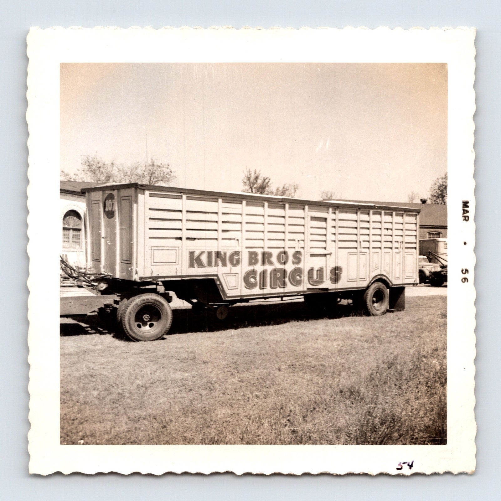 King Bros Circus 1956 photo animal transport wagon with slatted sides parked winter quarters grounds
