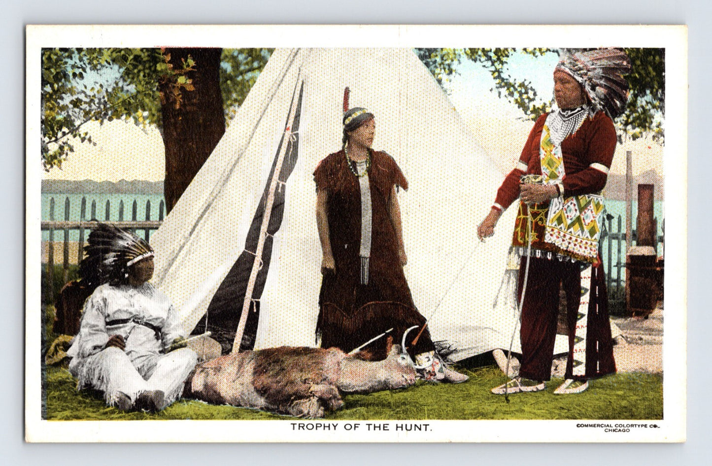 Native American themed postcard deer hunt scene tepee camp figures headdress trophy of the hunt 1930s white border