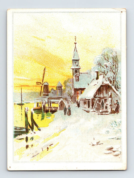 Vintage-style illustration of a snowy village scene with a church and windmill.