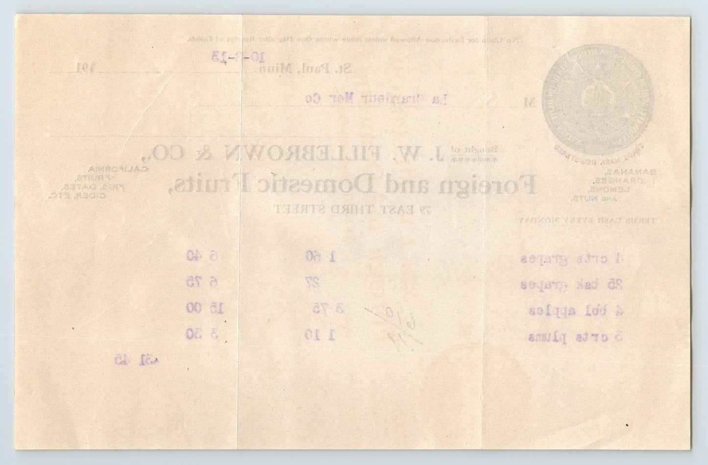 St Paul Minnesota 1913 J W Fillebrown Fruit Invoice Billhead 8.5 x 5.5