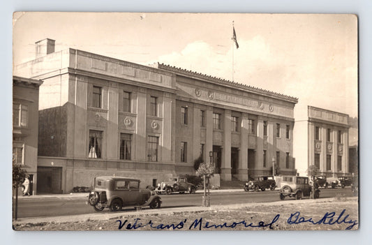 Berkeley California Veterans Memorial Building exterior automobiles 1934 RPPC posted