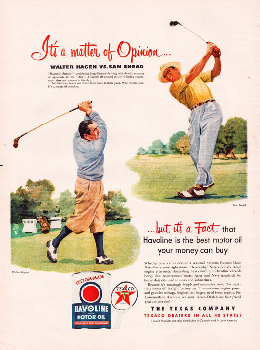 Texaco Havoline 1951 golf print ad Walter Hagen Sam Snead swinging clubs full page motor oil advertisement