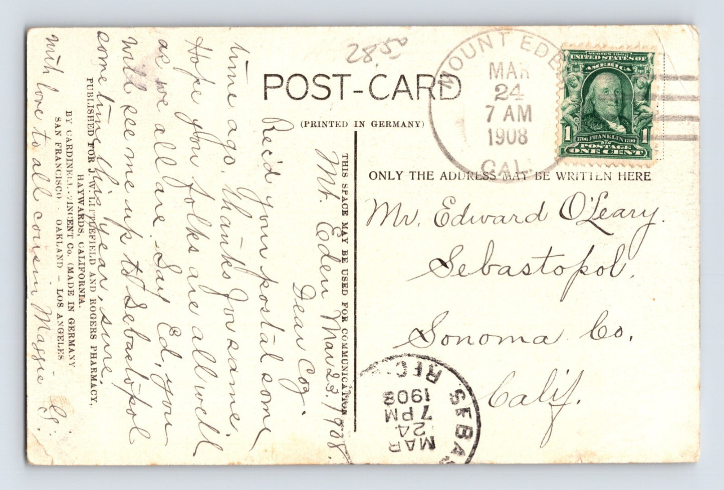 Hayward California Hotel Rogers Pharmacy 1908 Postcard Posted Divided Back
