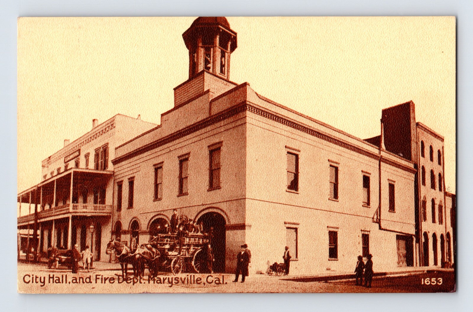 1920s sepia postcard of Marysville California City Hall and Fire Department building with horse-drawn fire engine