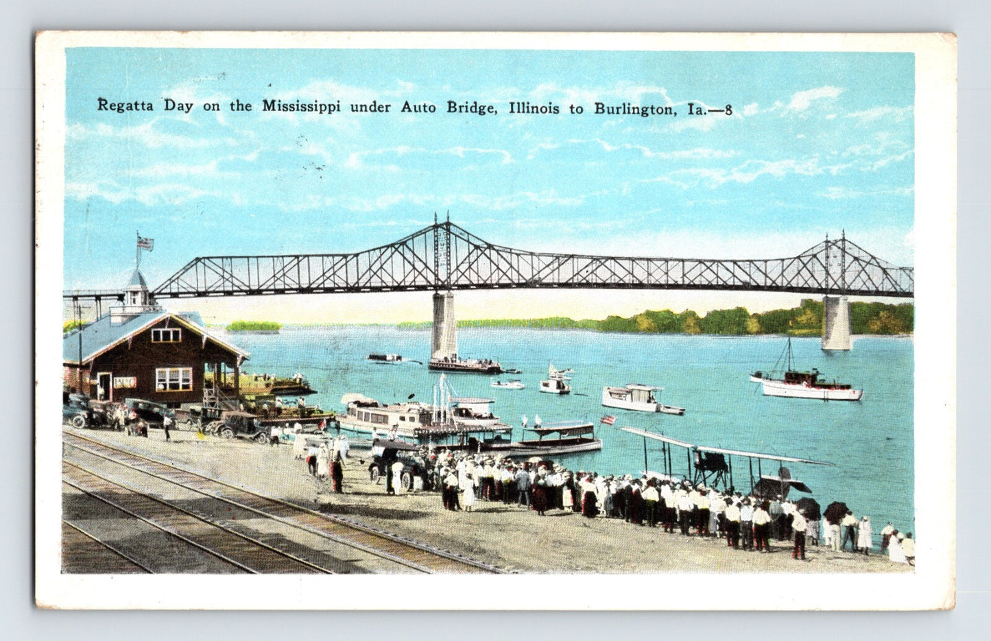 Regatta Day on the Mississippi River under the Auto Bridge at Burlington Iowa with boats and crowd postcard