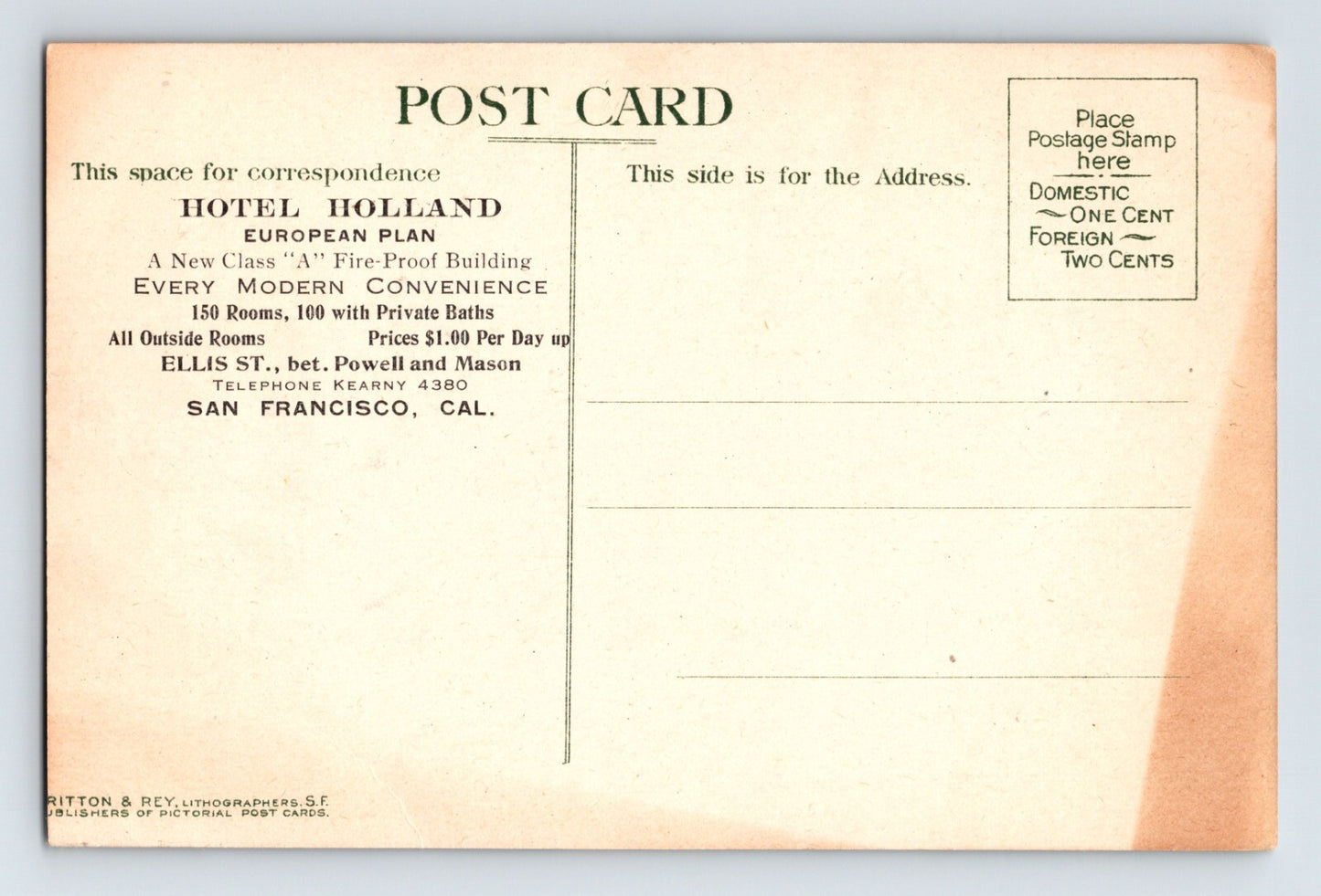 San Francisco California Hotel Holland Ellis Street 1910s Postcard Unposted