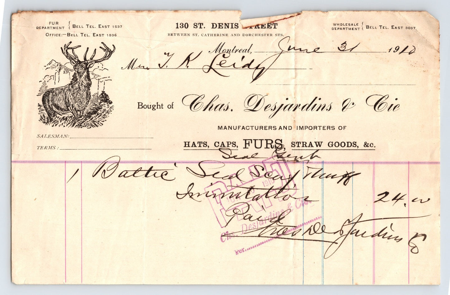 Montreal Quebec 1912 Chas Desjardins Hats Caps Furs Billhead 5.5 x 8