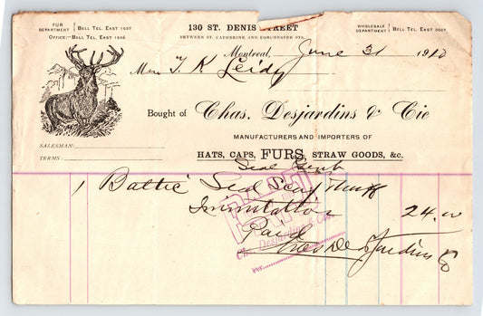 Montreal Quebec 1912 Chas Desjardins Hats Caps Furs Billhead 5.5 x 8