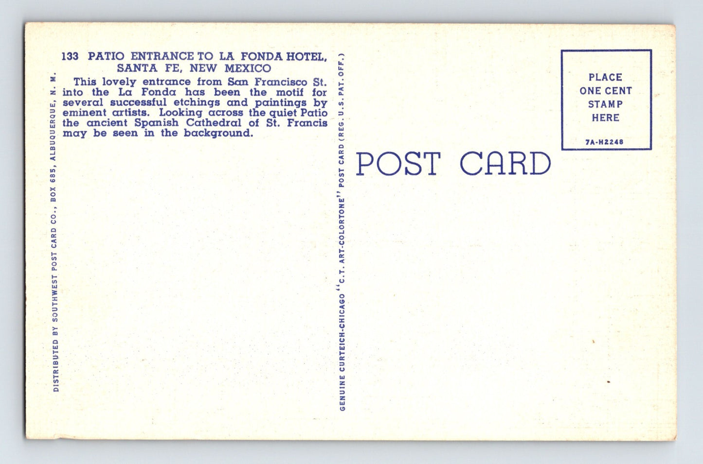 Santa Fe New Mexico La Fonda Hotel Patio 1940s Postcard Unposted Linen