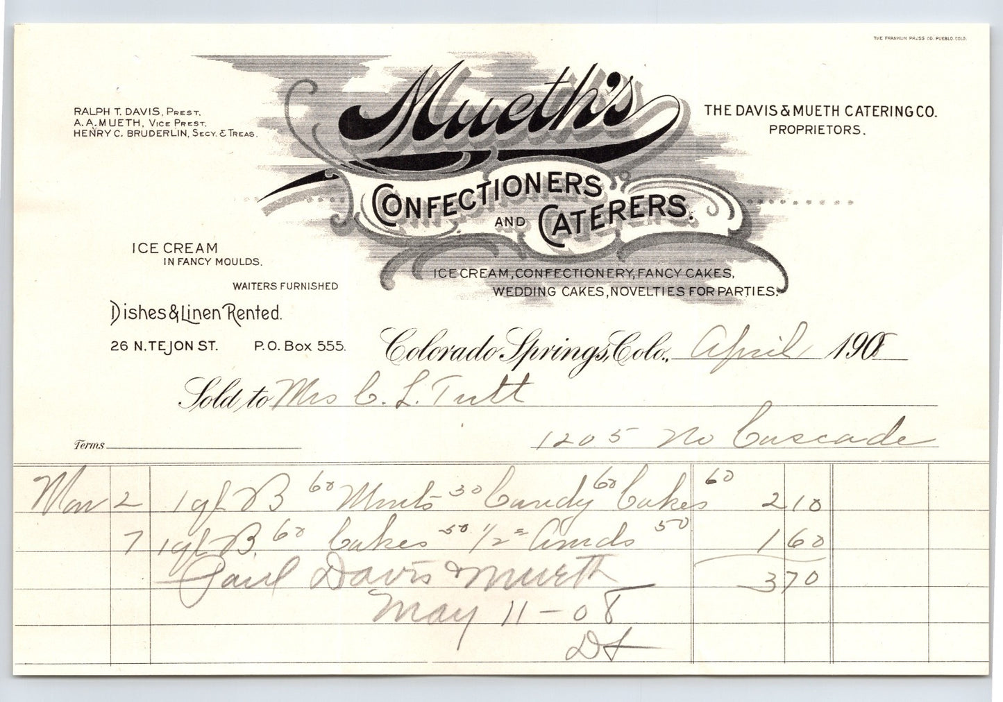 Colorado Springs Colorado Mueths Confectioners Caterers 1908 billhead Tutt House invoice
