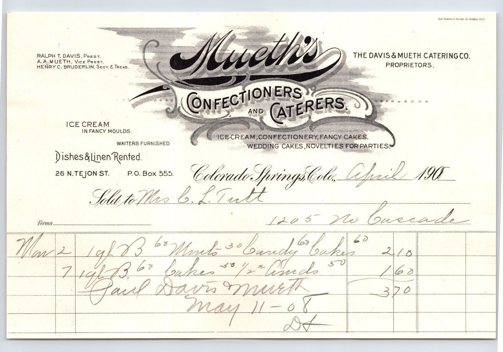 Colorado Springs Colorado Mueths Confectioners Caterers 1908 billhead Tutt House invoice