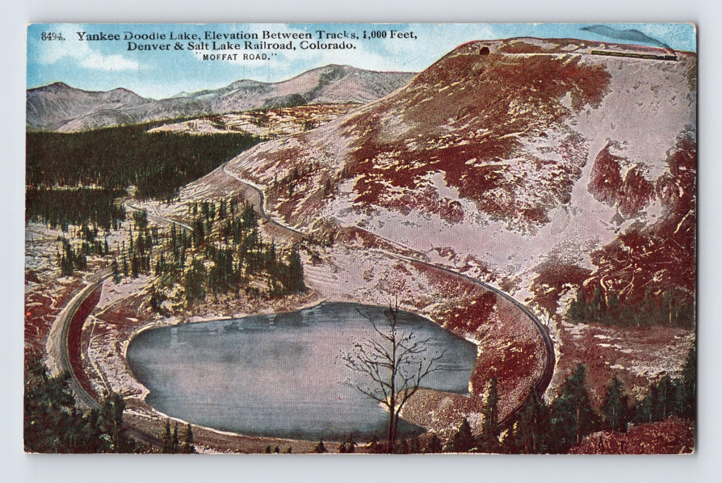 Yankee Doodle Lake Colorado 1910s postcard showing Denver and Salt Lake Railroad Moffat Road tracks winding through mountain landscape