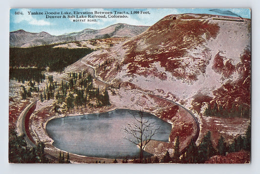 Yankee Doodle Lake Colorado 1910s postcard showing Denver and Salt Lake Railroad Moffat Road tracks winding through mountain landscape