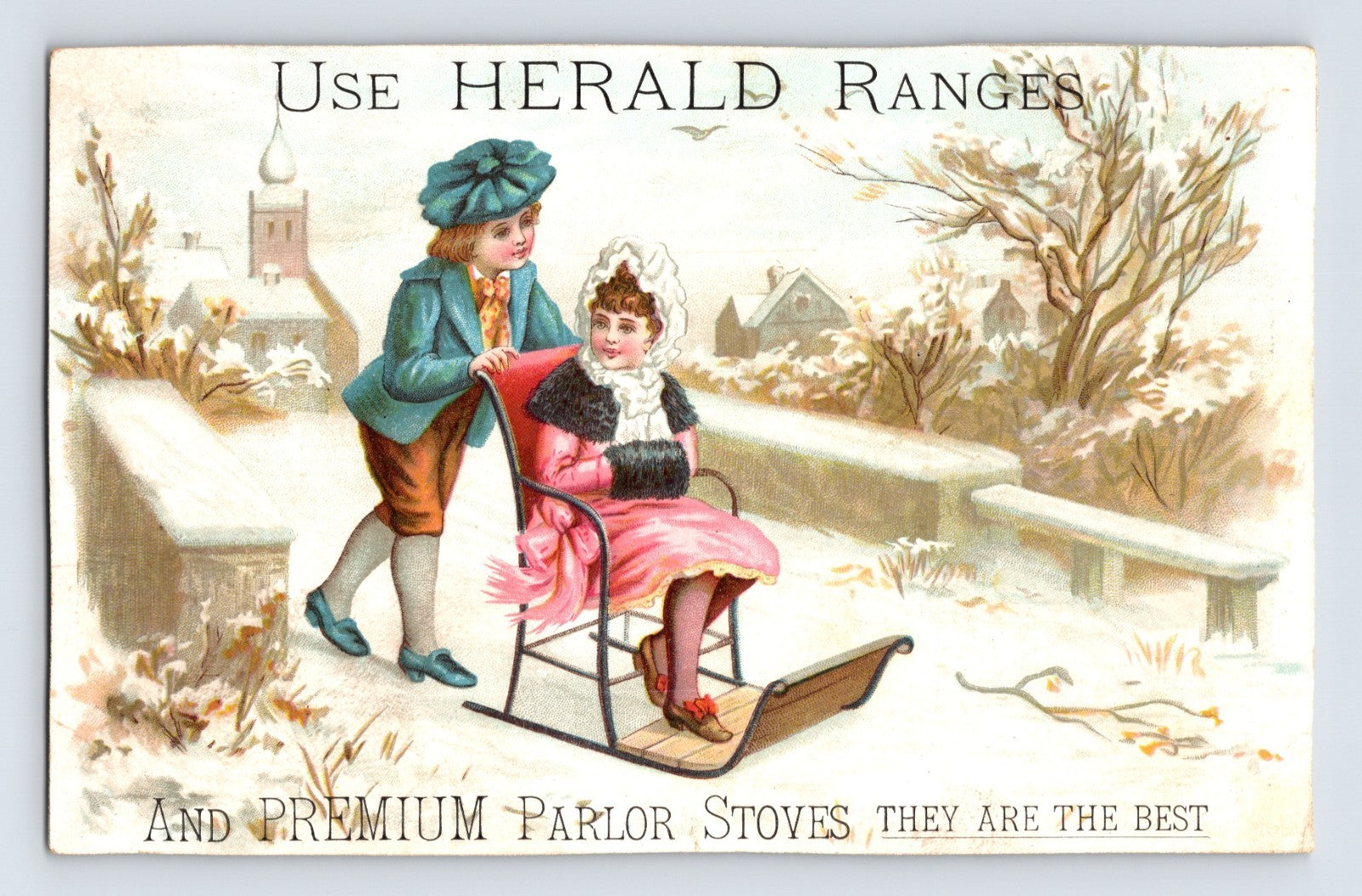 Herald Ranges stove trade card children sled winter scene Millbury Massachusetts H E Newell