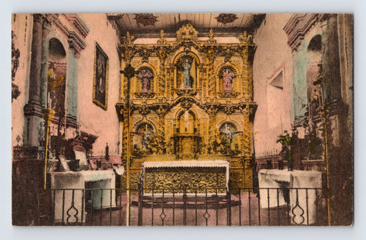 San Juan Capistrano California mission interior altar hand colored 1920s postcard