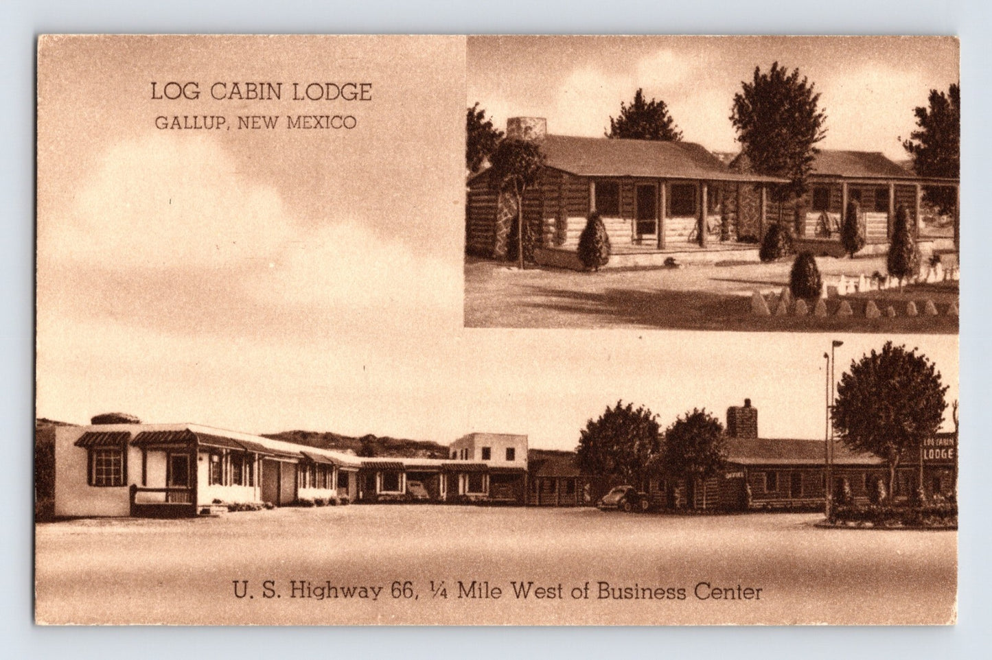 Gallup New Mexico Log Cabin Lodge motel US Highway 66 roadside postcard 1940s