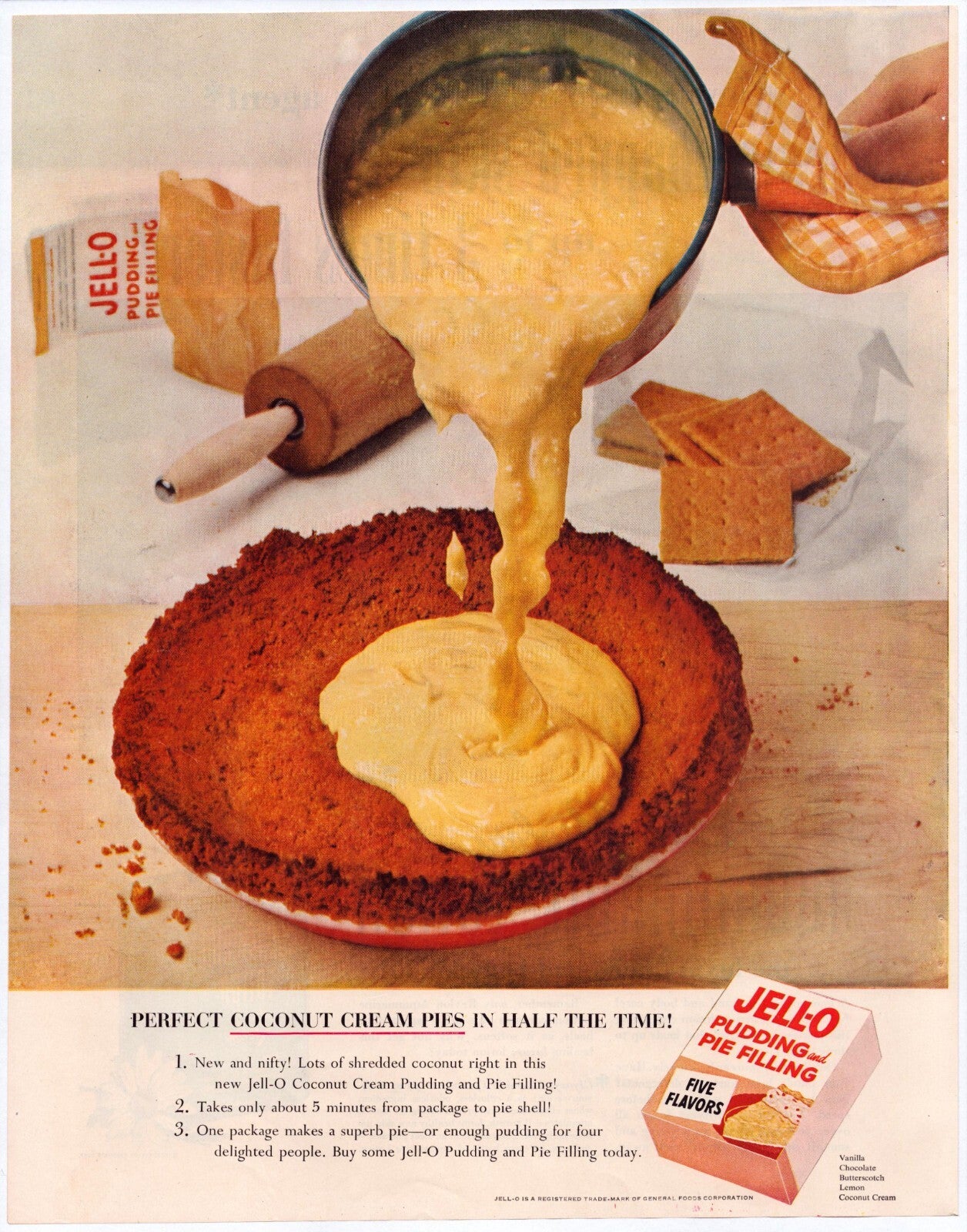 Jell O coconut cream pie pudding filling graham cracker crust 1955 print ad