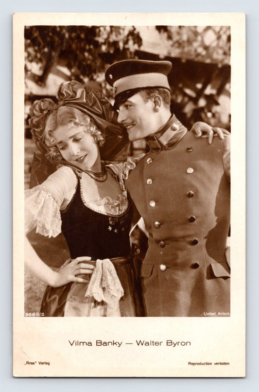 Vilma Banky Walter Byron smiling couple pose military uniform 1930s RPPC Ross Verlag
