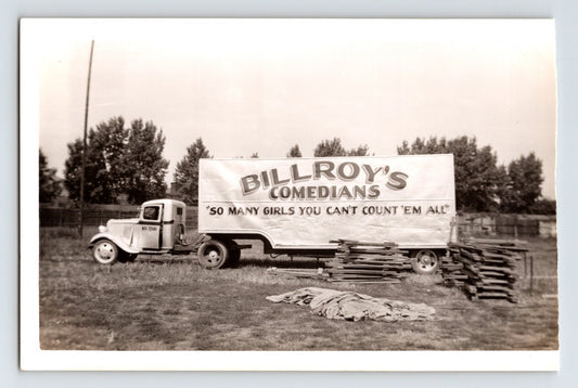 Black and white photograph of Billroy’s Comedians show truck trailer advertising slogan 1939