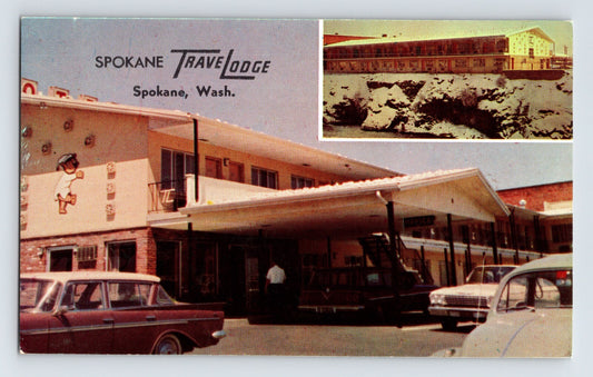 Spokane Washington Travelodge motel exterior cars Volkswagen Beetle 1960s postcard