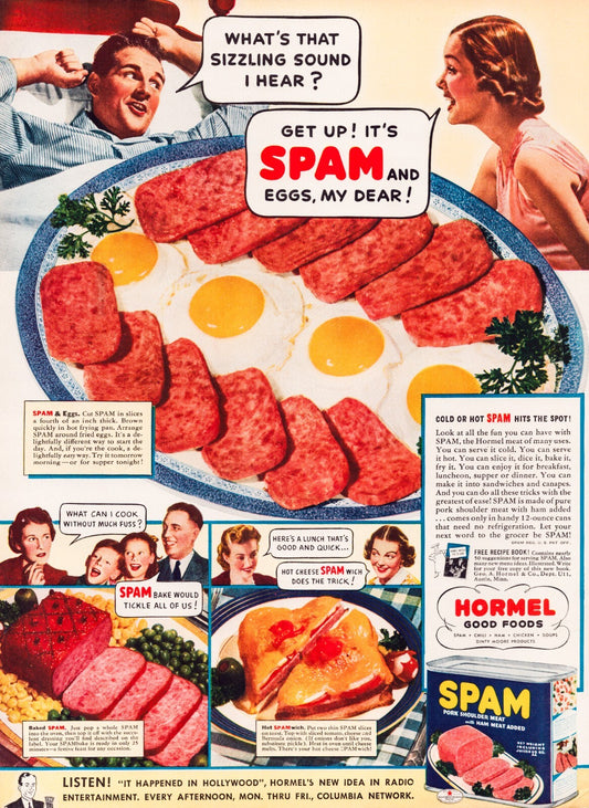 Spam eggs 1939 breakfast advertising illustration Hormel full page print ad