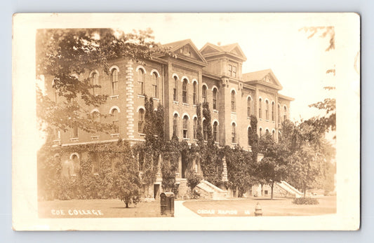 Cedar Rapids Iowa Coe College campus building 1910s real photo postcard showing multi-story brick academic structure with ivy-covered façade