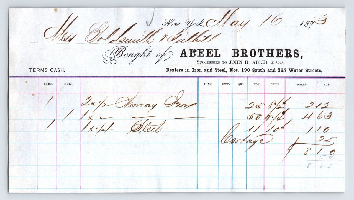 Abeel Brothers New York City 1875 iron steel dealers billhead invoice handwritten ledger antique document 8.5 x 4.5