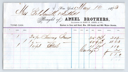 Abeel Brothers New York City 1875 iron steel dealers billhead invoice handwritten ledger antique document 8.5 x 4.5
