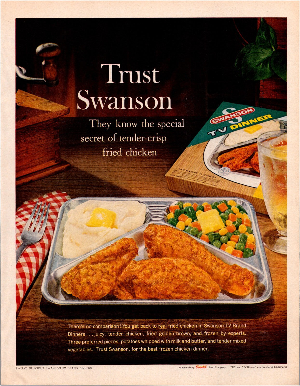 Swanson TV dinner fried chicken 1961 print advertisement full page magazine layout