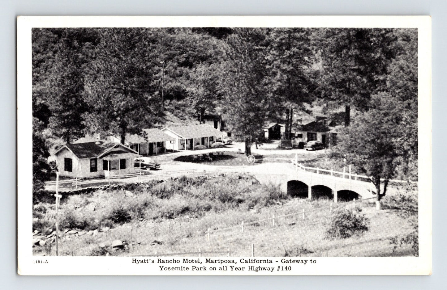 Mariposa California Hyatt’s Rancho Motel 1940s roadside view with bridge