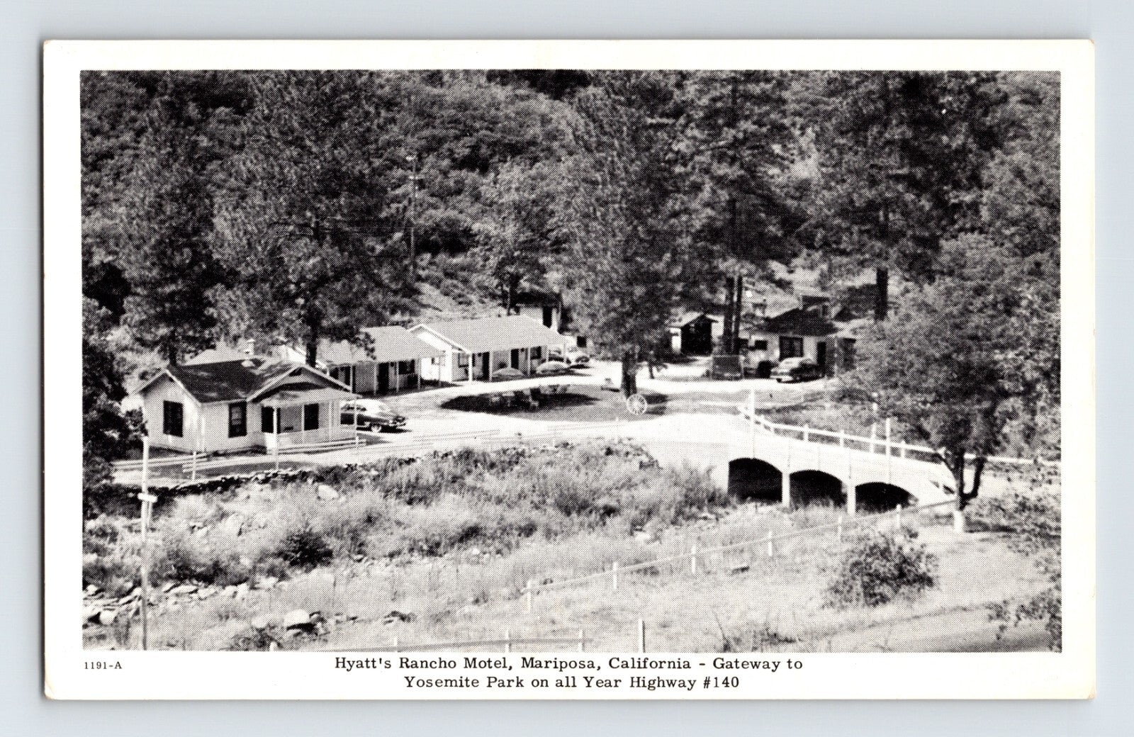 Mariposa California Hyatt’s Rancho Motel 1940s roadside view with bridge