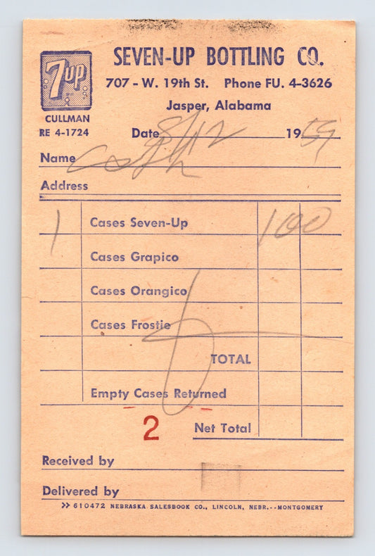 Jasper Alabama Seven Up Bottling Company delivery receipt 1957
