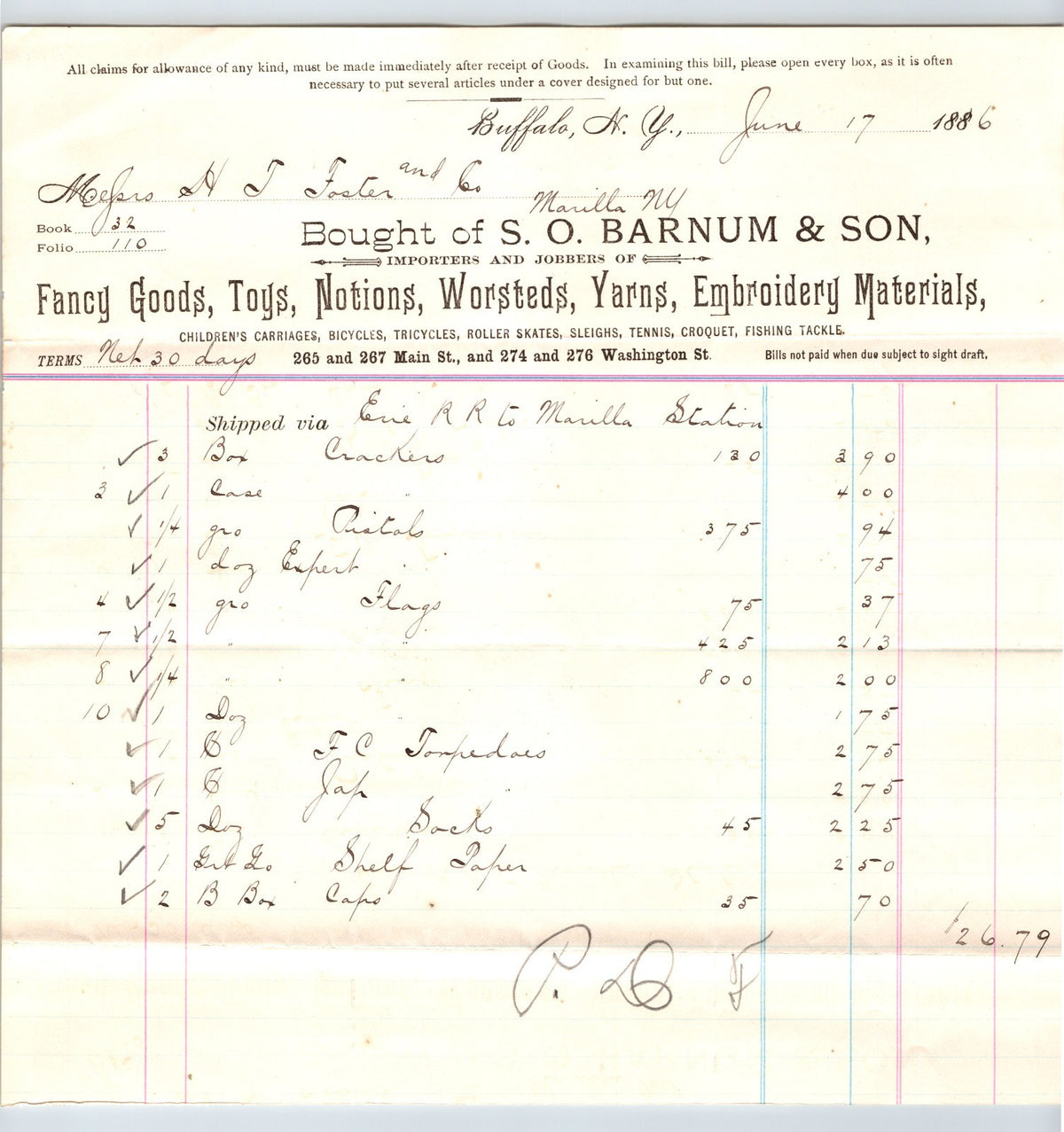 Buffalo New York S O Barnum Son fancy goods toys yarn embroidery materials billhead 1886