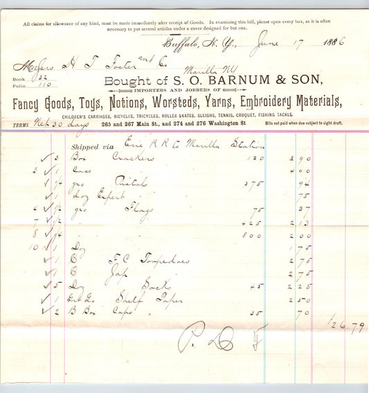 Buffalo New York S O Barnum Son fancy goods toys yarn embroidery materials billhead 1886