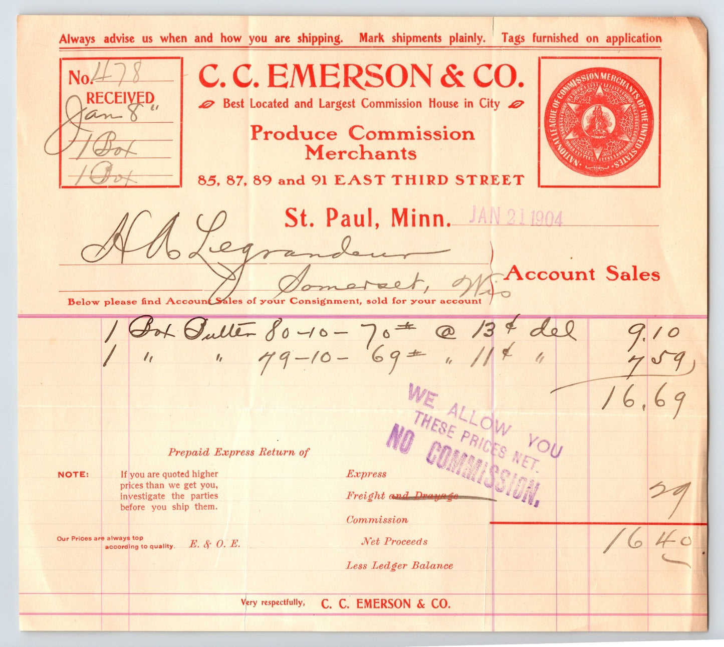 St Paul Minnesota 1904 C C Emerson Produce Billhead Invoice 8.5 x 8