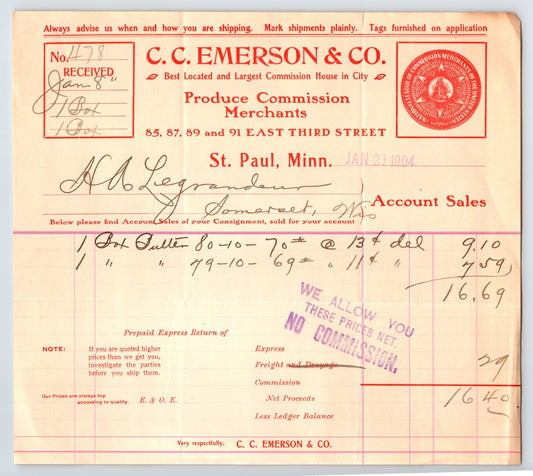 St Paul Minnesota 1904 C C Emerson Produce Billhead Invoice 8.5 x 8