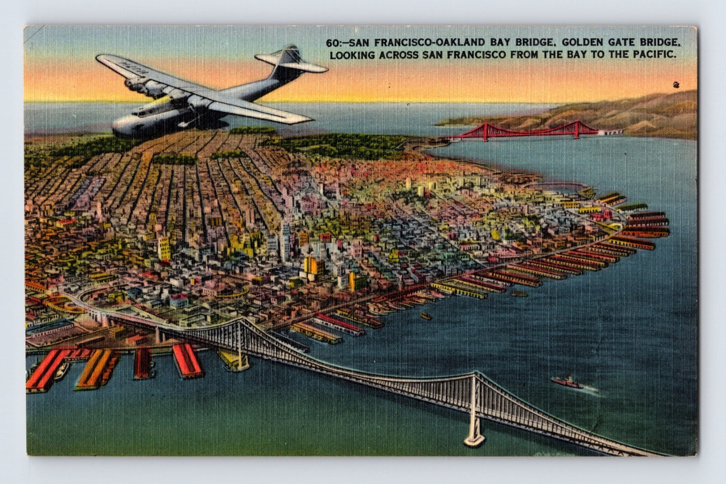San Francisco California Oakland Bay Bridge Airplane 1940s Linen Postcard