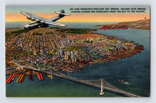 San Francisco California Oakland Bay Bridge Airplane 1940s Linen Postcard