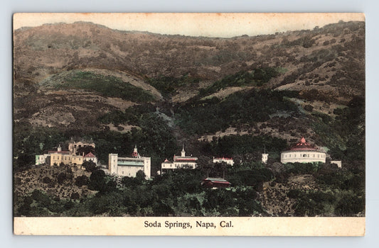 Aerial view Soda Springs resort Napa California hills 1908 postcard