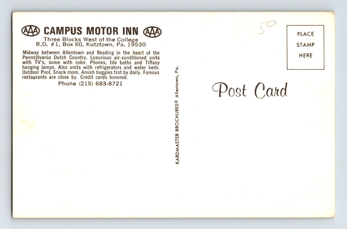 Kutztown Pennsylvania Campus Motor Inn 1960s Postcard Unposted Chrome