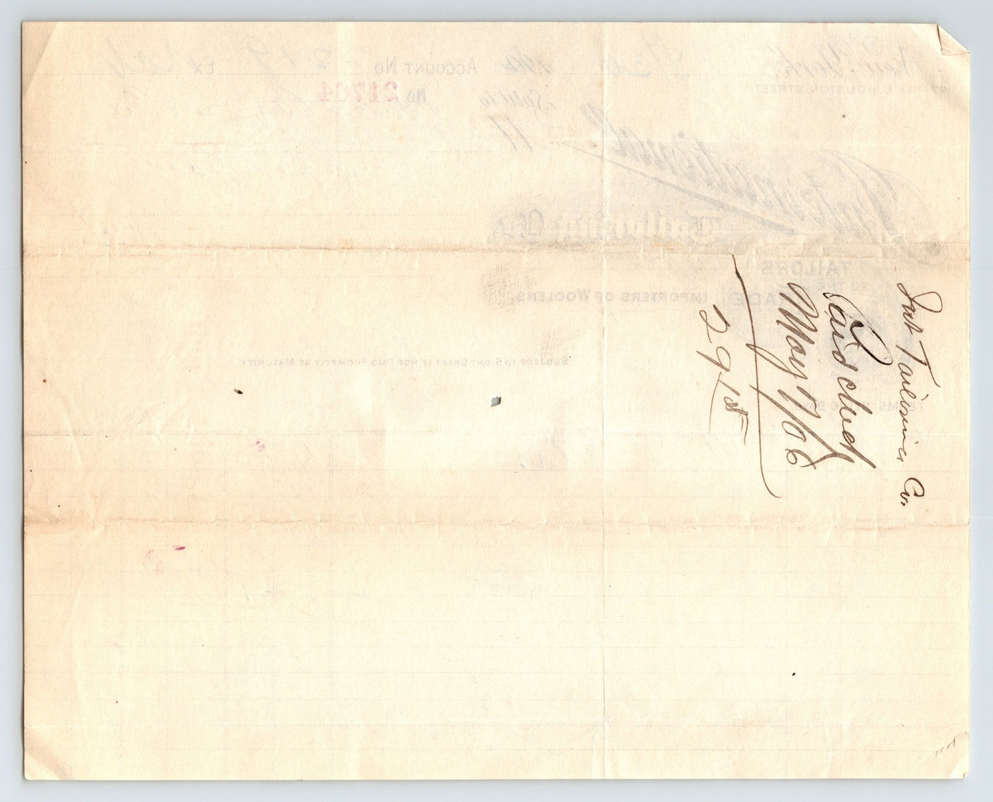 New York City 1902 International Tailoring Company Woolens Billhead 8.5 x 6.5