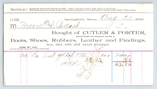 Springfield Massachusetts Cutler Porter billhead boots shoes leather 1885 handwritten invoice document