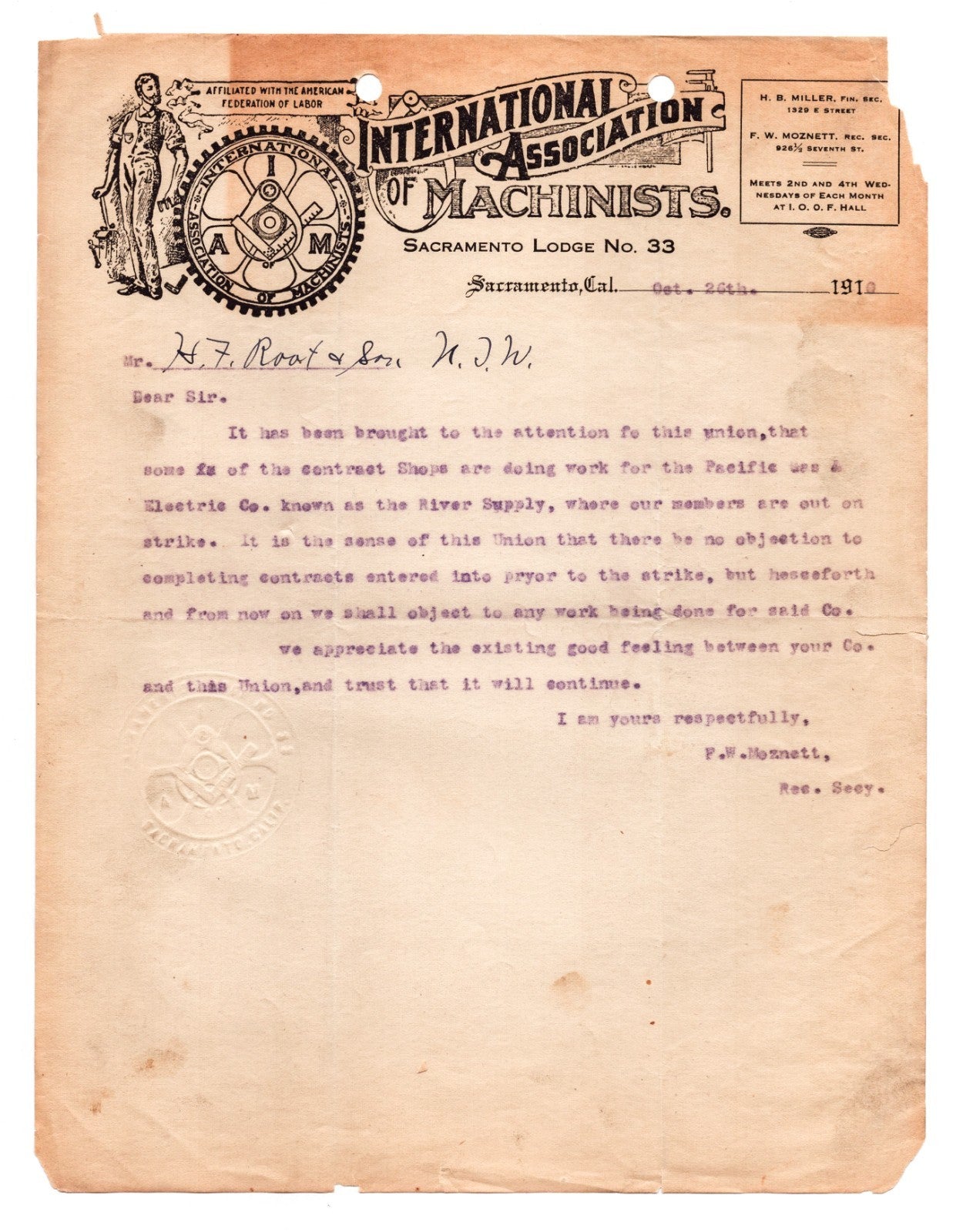 Sacramento CA 1910 International Association Machinist Lodge Letterhead 8.5 x 11