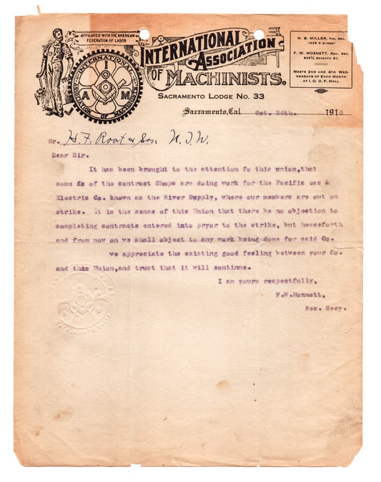 Sacramento CA 1910 International Association Machinist Lodge Letterhead 8.5 x 11