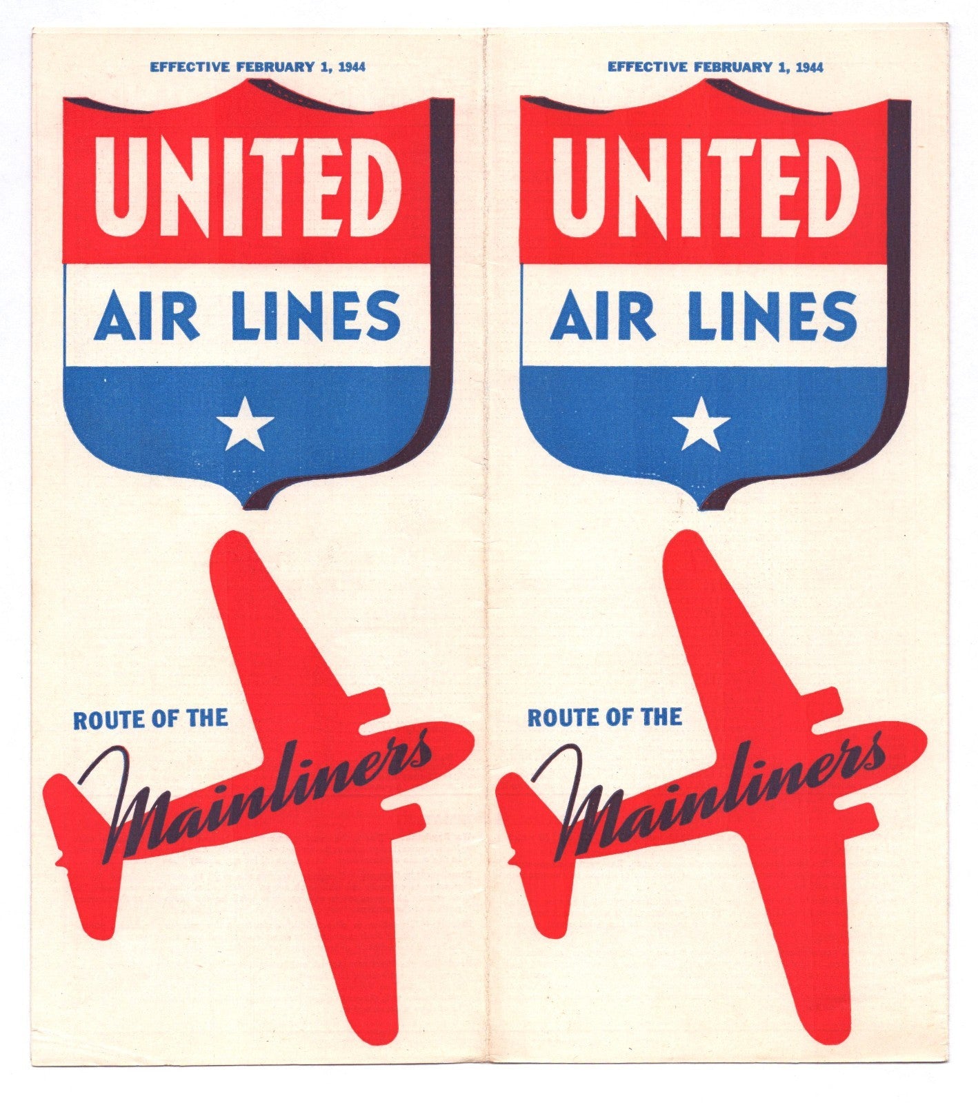 United Air Lines 1944 Mainliner system time table brochure